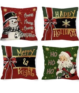 4 Pc Christmas Pillow Covers Santa Claus Snowman 18 x 18